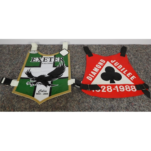 353 - 2 Speedway race vests - Exeter Falcons and the Belle Vue Aces