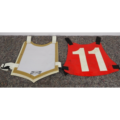 353 - 2 Speedway race vests - Exeter Falcons and the Belle Vue Aces