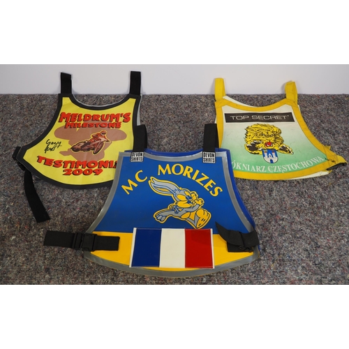 355 - 3 Speedway race vests - MC Morizes, Meldrum's Milestone signed and 1 other