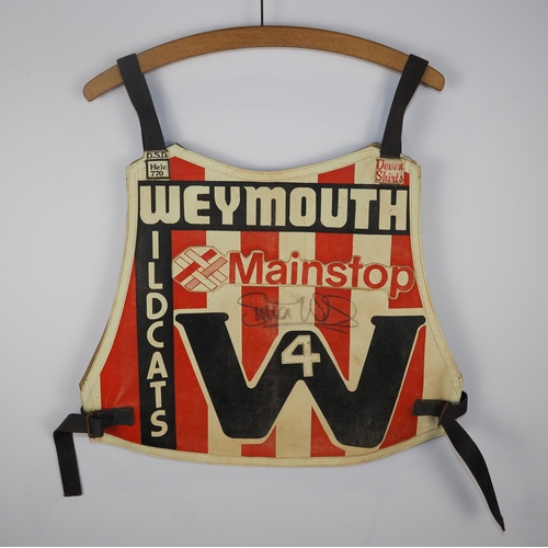 296 - A Weymouth Wildcats speedway race vest 1981 signed by Simon Wigg