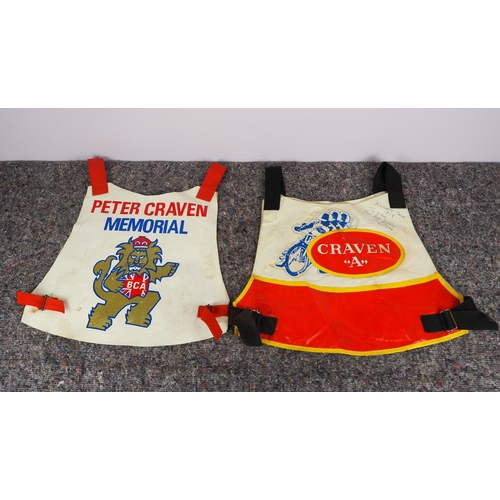 307 - 2 Speedways race vests - Peter Craven Memorial and Craven A from the Kuwait tour 1978