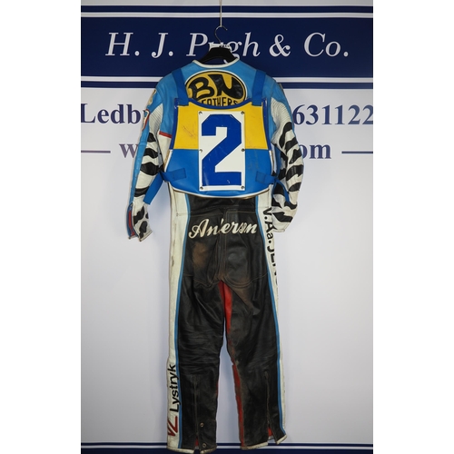 361 - Speedway race leathers believed to have been worn by Jan Anderson 1994 with Edinburgh Monarchs race ... 