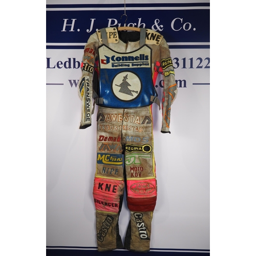 362 - Speedway race leathers with an Ipswich Witches race vest believed to have been worn by Tony Rickards... 