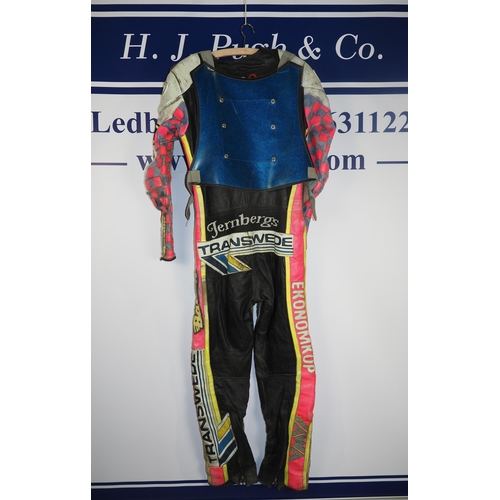 362 - Speedway race leathers with an Ipswich Witches race vest believed to have been worn by Tony Rickards... 