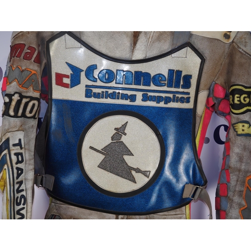 362 - Speedway race leathers with an Ipswich Witches race vest believed to have been worn by Tony Rickards... 