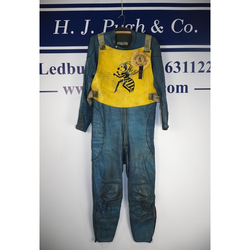 363 - Speedway race leathers with a Coventry Bees race vest. Worn by Nigel Boocock in the 1971 and 1972 Wo... 