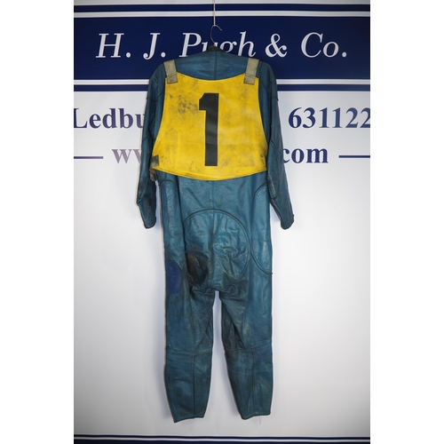 363 - Speedway race leathers with a Coventry Bees race vest. Worn by Nigel Boocock in the 1971 and 1972 Wo... 