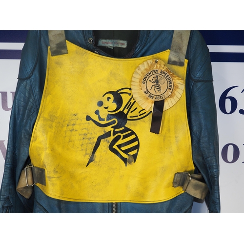 363 - Speedway race leathers with a Coventry Bees race vest. Worn by Nigel Boocock in the 1971 and 1972 Wo... 