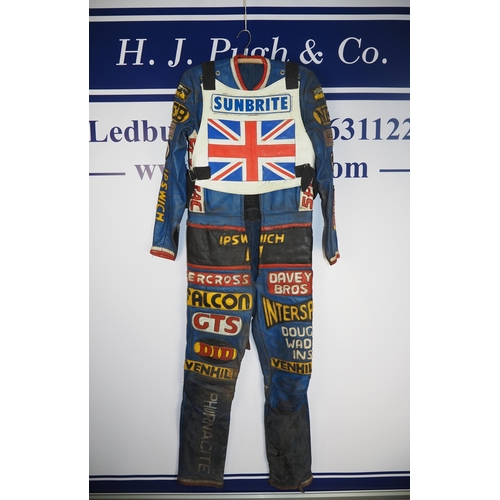 364 - Speedway race leathers with team GB race vest labelled Jeremy Doncaster World Team Cup 1986