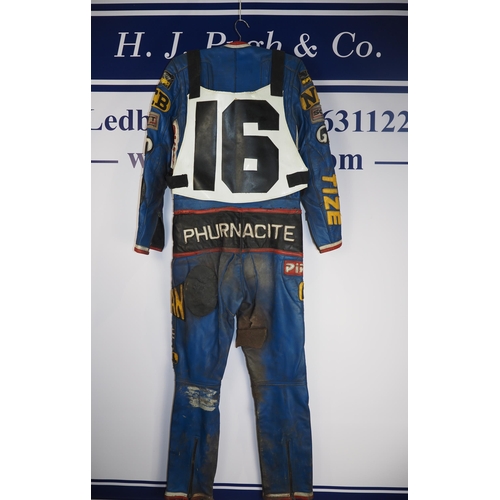 364 - Speedway race leathers with team GB race vest labelled Jeremy Doncaster World Team Cup 1986