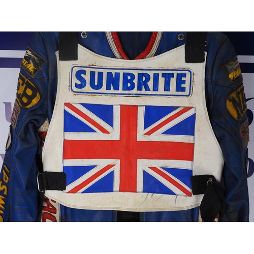 364 - Speedway race leathers with team GB race vest labelled Jeremy Doncaster World Team Cup 1986