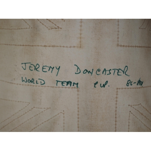 364 - Speedway race leathers with team GB race vest labelled Jeremy Doncaster World Team Cup 1986