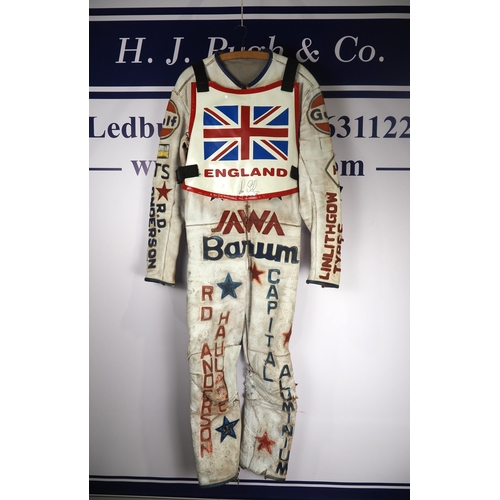 Speedway race leathers with team England race vest worn and signed by Les Collins