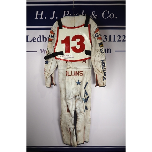 367 - Speedway race leathers with team England race vest worn and signed by Les Collins