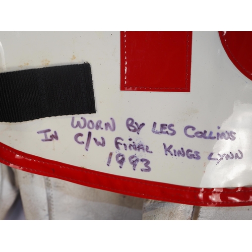 367 - Speedway race leathers with team England race vest worn and signed by Les Collins