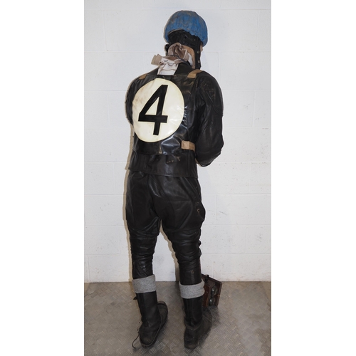 376 - Mannequin with vintage speedway race leathers, boots, helmet, gloves and believed Lanarkshire  Eagle... 