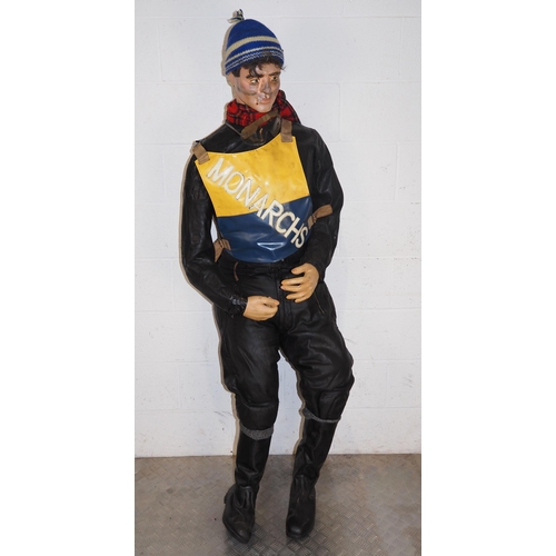 377 - Mannequin in vintage speedway race leathers, boots, bobble hat, scarf and Edinburgh Monarchs race ve... 