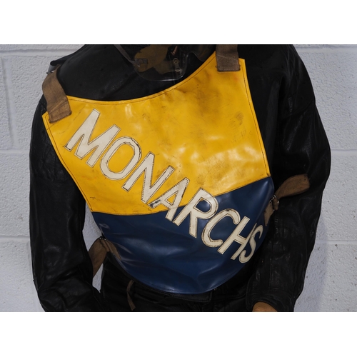 377 - Mannequin in vintage speedway race leathers, boots, bobble hat, scarf and Edinburgh Monarchs race ve... 