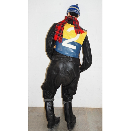 377 - Mannequin in vintage speedway race leathers, boots, bobble hat, scarf and Edinburgh Monarchs race ve... 