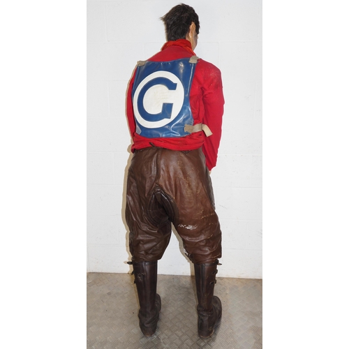 378 - Mannequin with vintage speedway leathers, boots and Ash Field Giants race vest