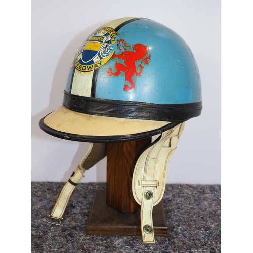 390 - Vintage cork speedway helmet with Edinburgh Monarchs sticker