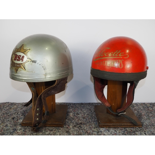 394 - 2 Vintage pudding bowl speedway helmets with BSA and Velocette logos