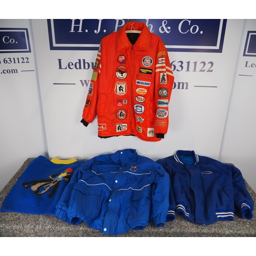 408 - Jacket with quantity of speedway badges attached and other jackets and jumpers