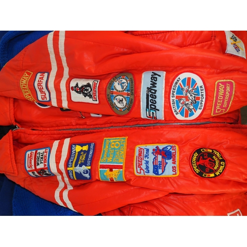 408 - Jacket with quantity of speedway badges attached and other jackets and jumpers