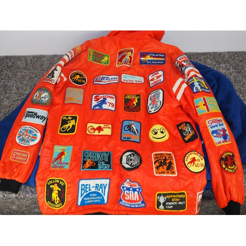 408 - Jacket with quantity of speedway badges attached and other jackets and jumpers