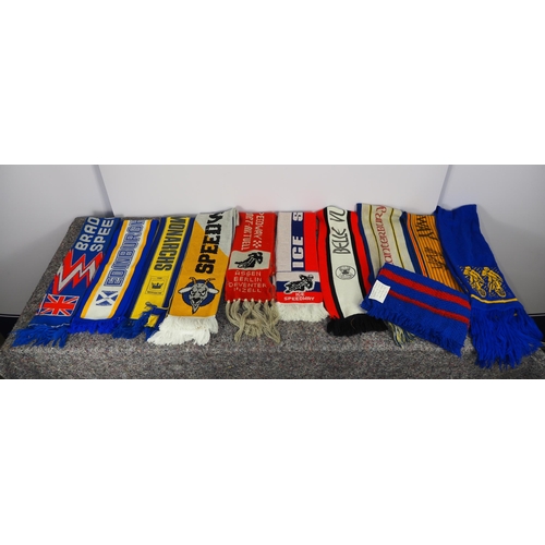 409 - Speedway team scarfs to include Edinburgh Monarchs and 1 hand knitted for Howdy Byford by a female a... 