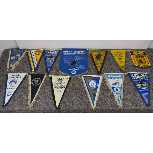 418 - 13 Speedway pennants - Ipswich Witches, Hull Vikings and King's Lynn Stars