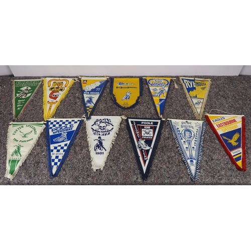 420 - 12 Speedway pennants - Rye House, Eastbourne Eagles, Poole Pirates, Exeter Falcons and Mildenhall Fe... 