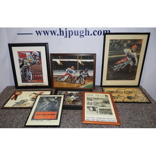 557 - Speedway paintings and posters to include the Daily Mirror 1928, Barry Briggs, etc.