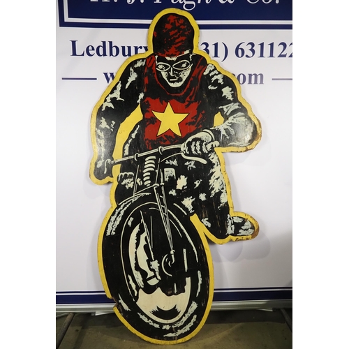 570 - Wooden cut out of a speedway rider and bike 71