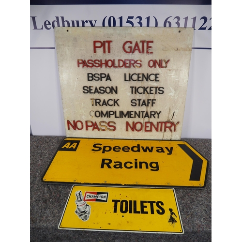 571 - Wooden pit gate passholders only sign, Champion sign and speedway sign