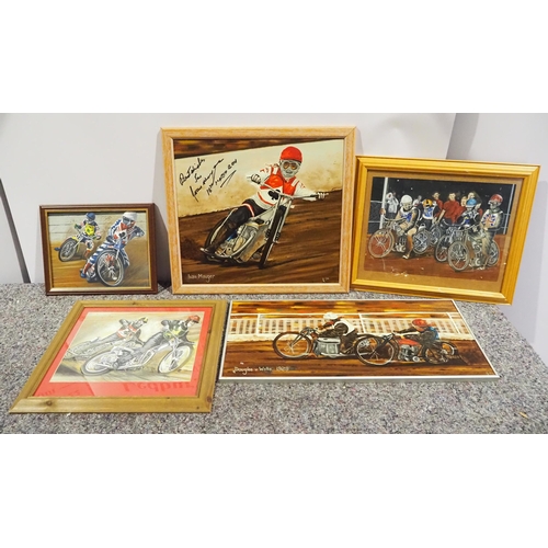 589 - Oil on board of Ivan Mauger signed by him and other speedway prints/ paintings