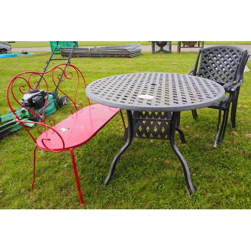 105 - Metal garden table, 3 chairs and bench