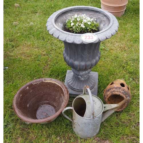 233 - Reconstituted stone urn, watering can, etc.