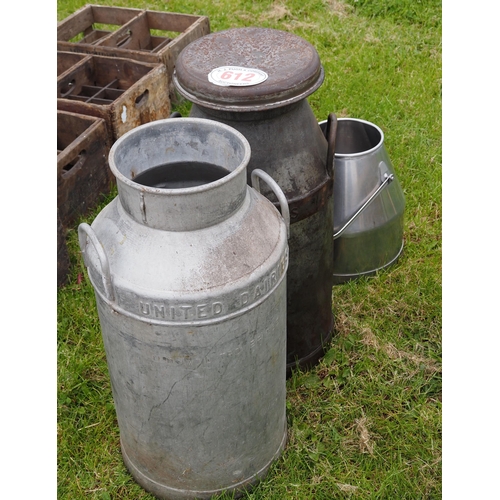 612 - Milk bucket and 2 churns