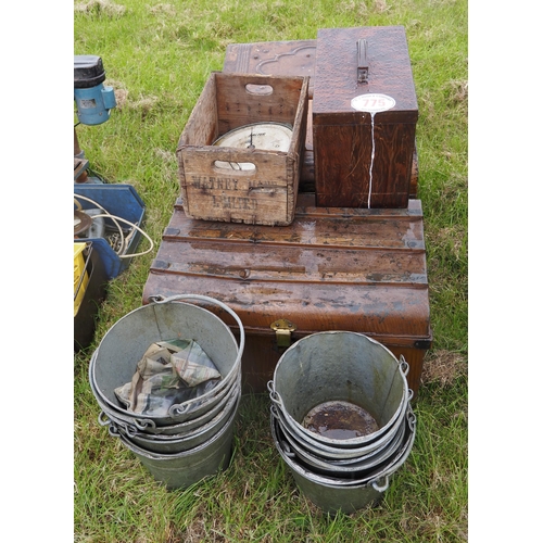 775 - Galvanised buckets, metal trunks, etc.