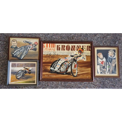 544 - Framed speedway paintings and poster to include painting of Sam Ermolenko signed by him -4