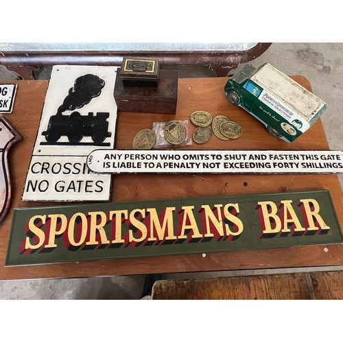 67B - Modern railway cast signs, brass plaques and tin money box