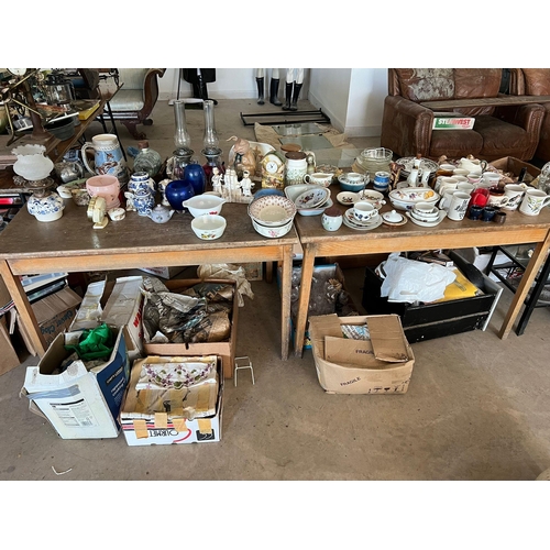 72 - Large quantity of glass and chinaware including the 2 wooden tables they are displayed on