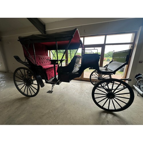 151 - Horse drawn 4 wheeled coach. Red upholstered seats and table