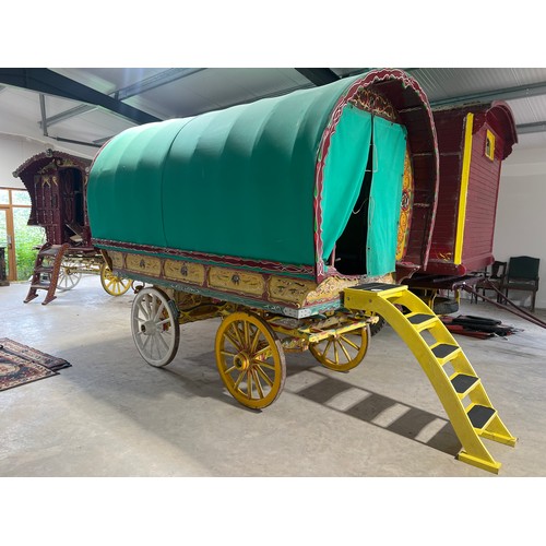 153 - Original bow top living wagon. Furnished with bed and other items. Fitted with new canvas