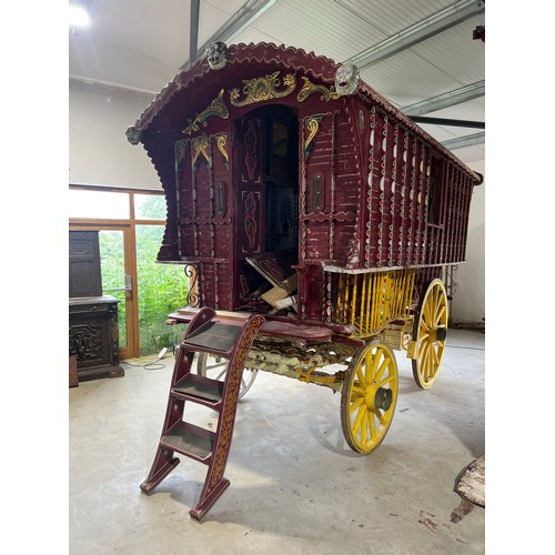 152 - Original Ledge bow top living wagon. Furnished inside with stove, bed and storage which requires ref... 