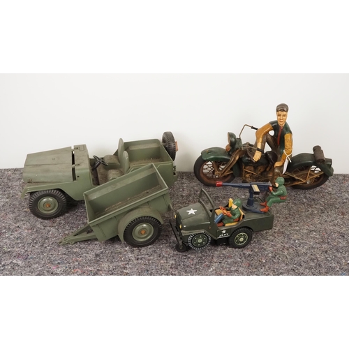 52 - Harley Davidson motorcycle with rider model and military jeep toys
