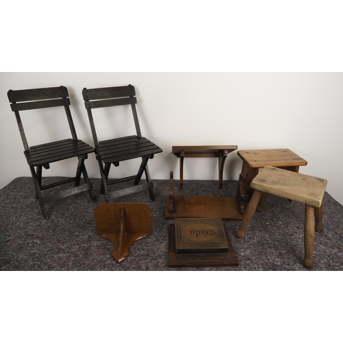 299 - Pair of childs folding chairs, wooden shelves, etc.