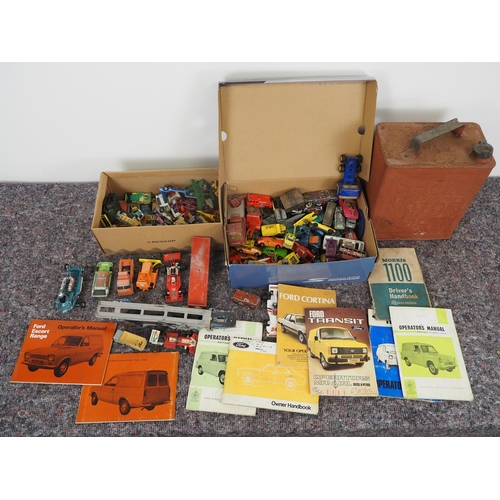 81 - Quantity of assorted toy vehicles, car hand books and 2 gallon Shell Motor Spirit fuel can
