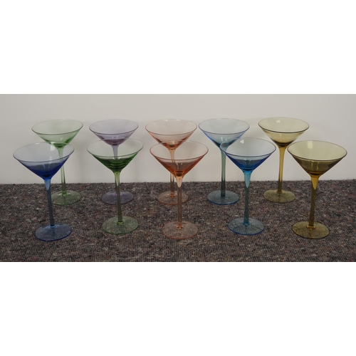 304 - Set of 10 Deco coloured glass cocktail glasses